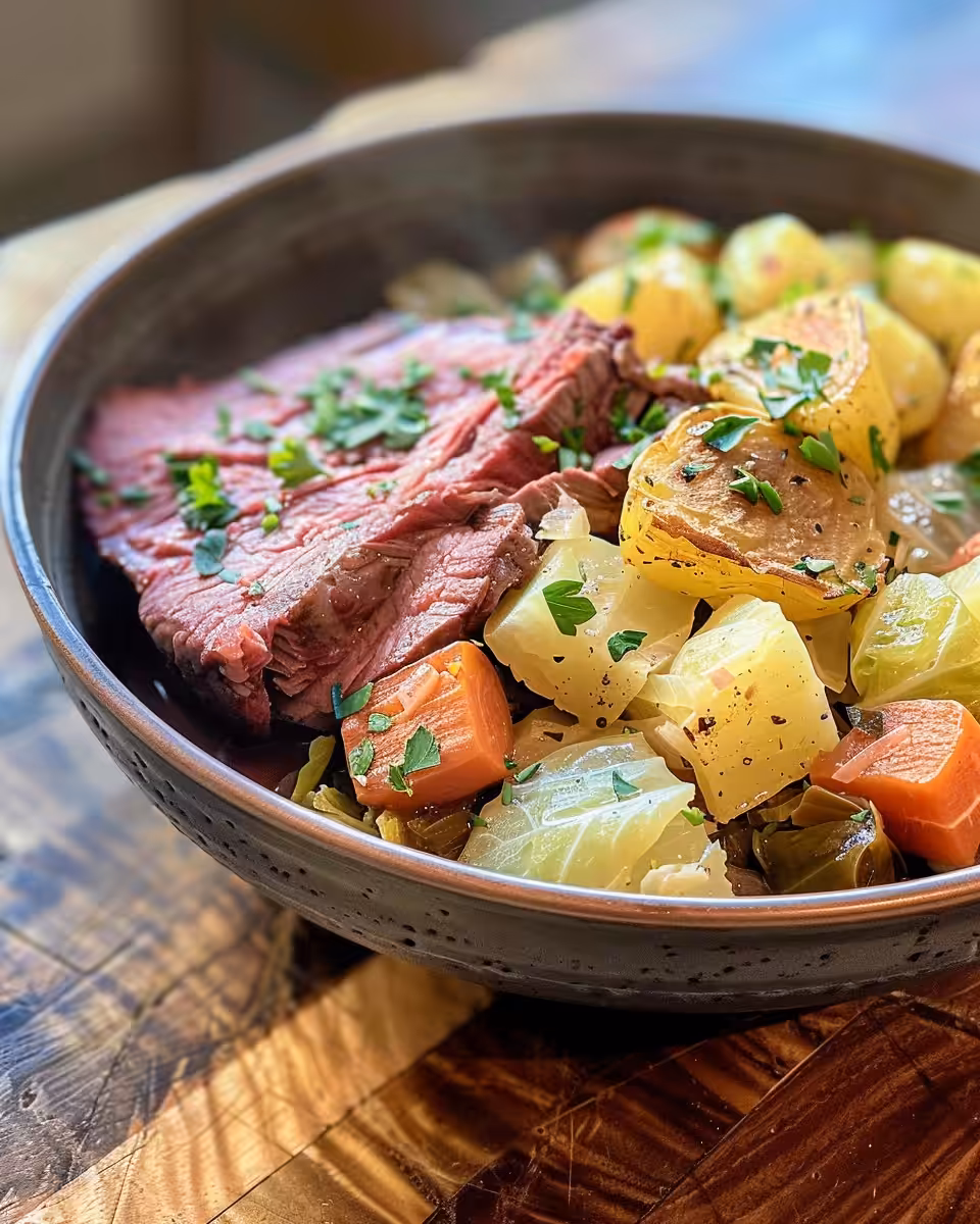 Ingredients for slow cooker corned beef and cabbage with broth and spices