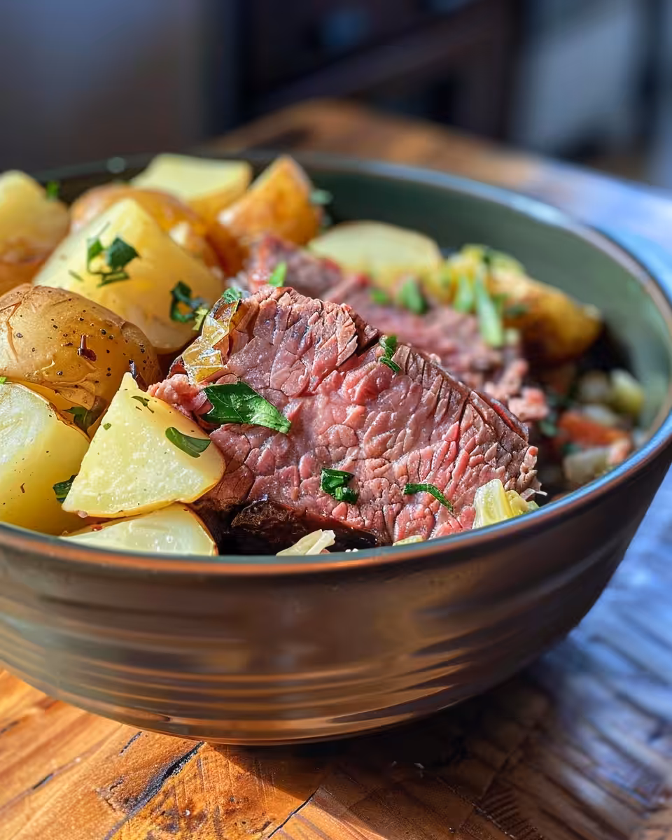 Corned beef and vegetables arranged in slow cooker just before sealing