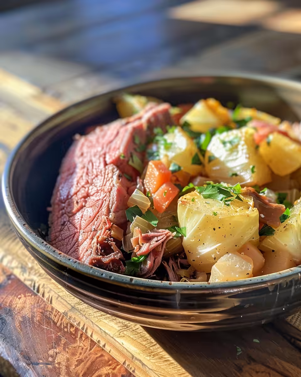 Steaming pot of slow cooker corned beef and cabbage, deliciously simmering