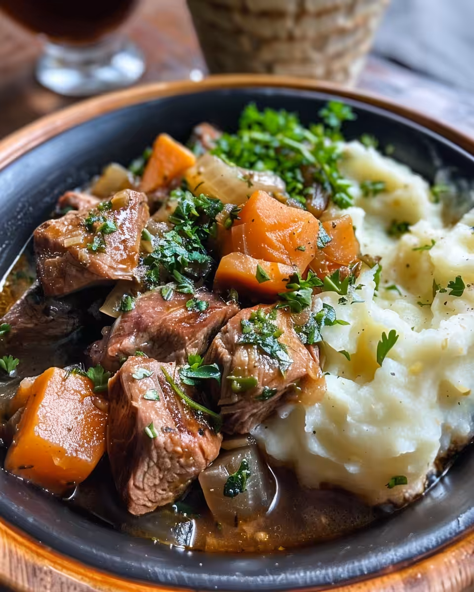 Ingredients for Irish lamb stew including lamb chunks and vegetables