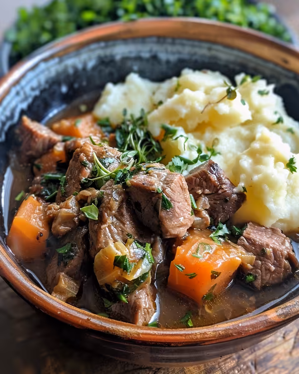 Finished Irish lamb stew served with creamy colcannon