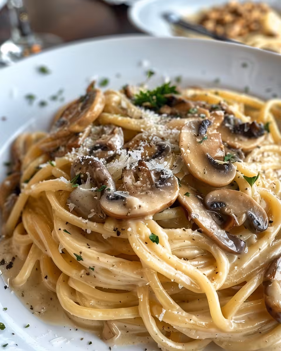 Served creamy Tuscan pasta with melted cheese and spinach garnish