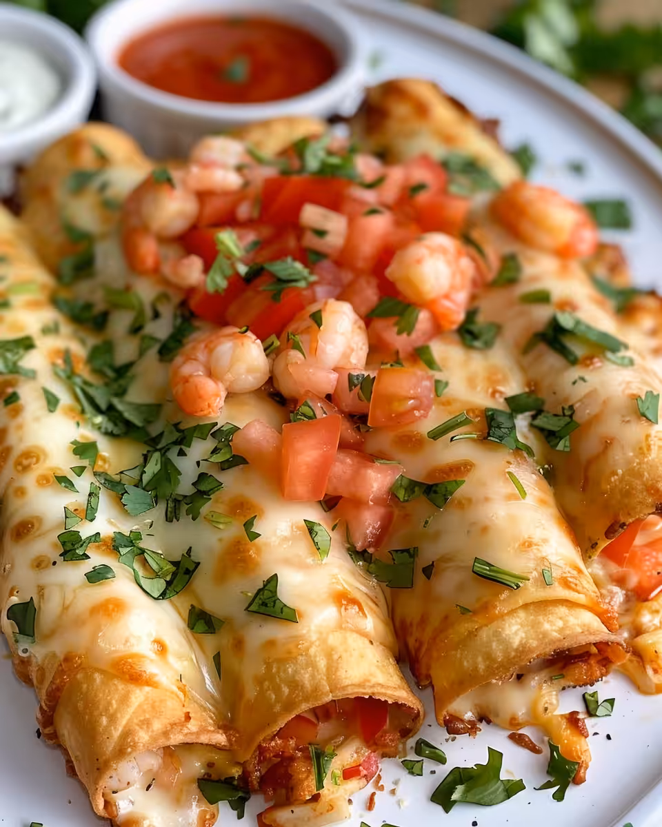 Golden brown cooked crab shrimp queso taquitos plated and ready to eat