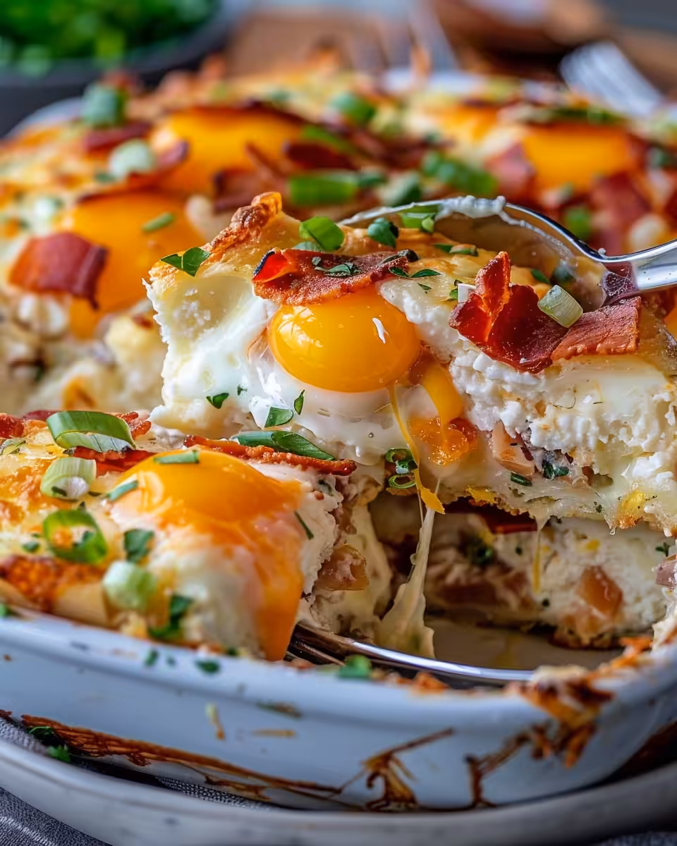 Ingredients for Croque Madame Breakfast Casserole including bread, eggs, cheese, and ham