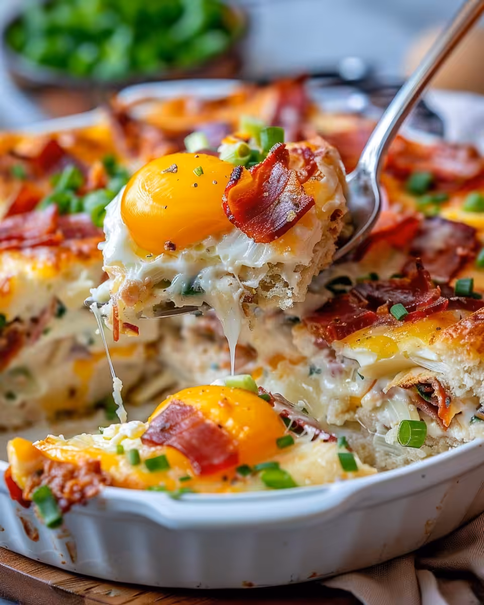 Close-up of a serving of Croque Madame Breakfast Casserole showing golden crispy top