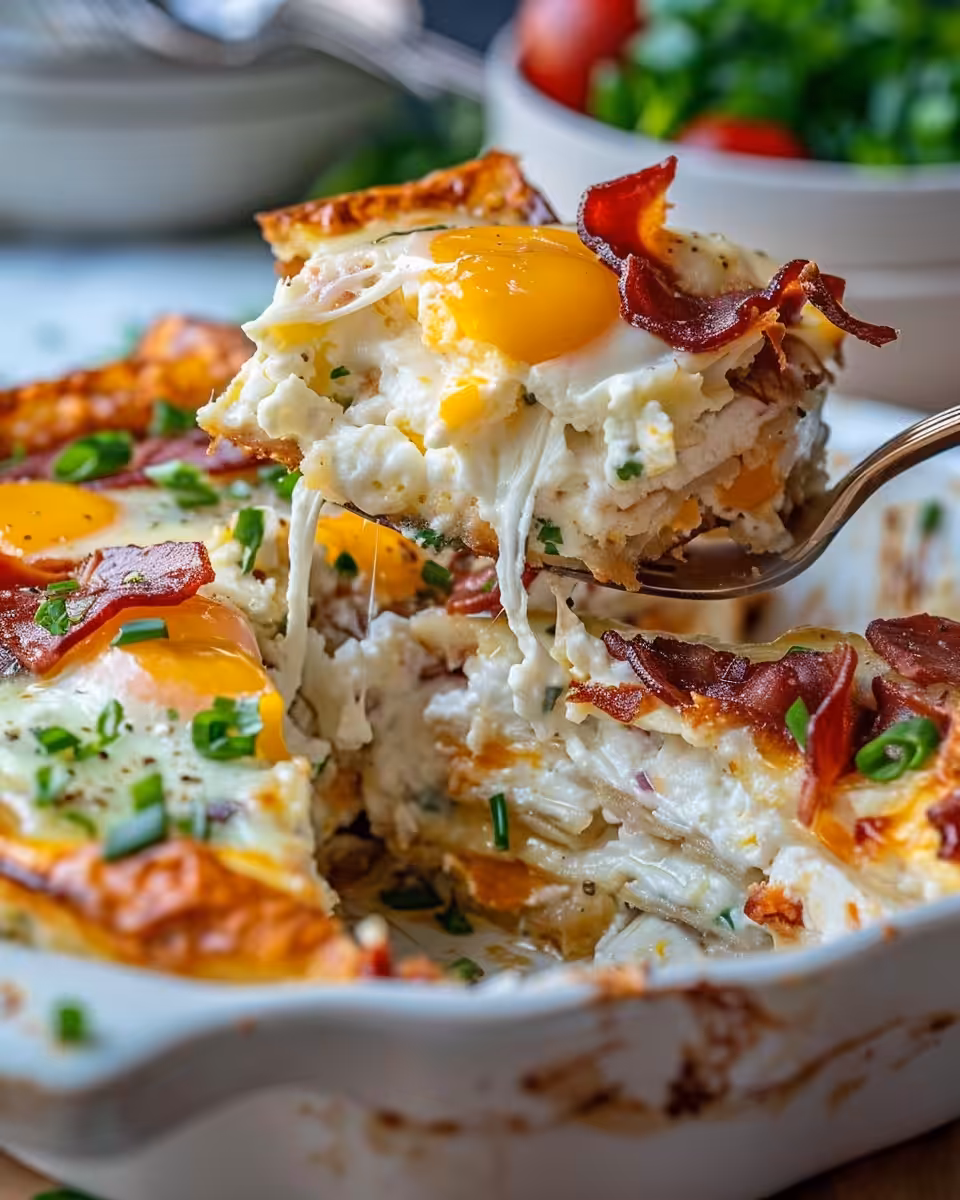 Golden brown Croque Madame Breakfast Casserole fresh from pressure cooker