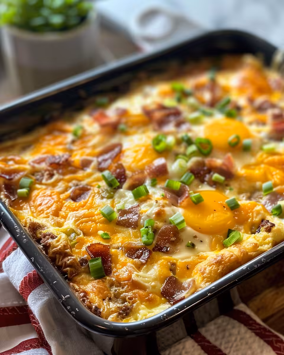 Ingredients mixed for breakfast casserole with sausage, eggs, and cheese
