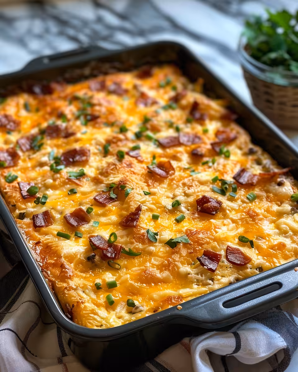 Finished breakfast casserole plated garnished and ready