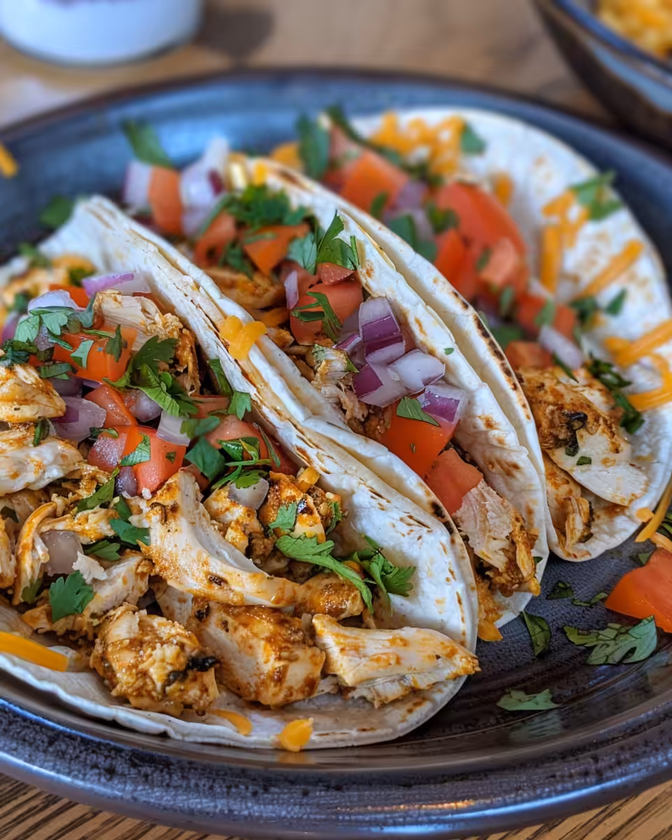 Served crack chicken tacos with cheddar, tomato, and green onion toppings