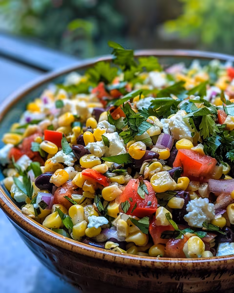 Close-up of crack corn salad showing tender corn and bacon with a creamy dressing