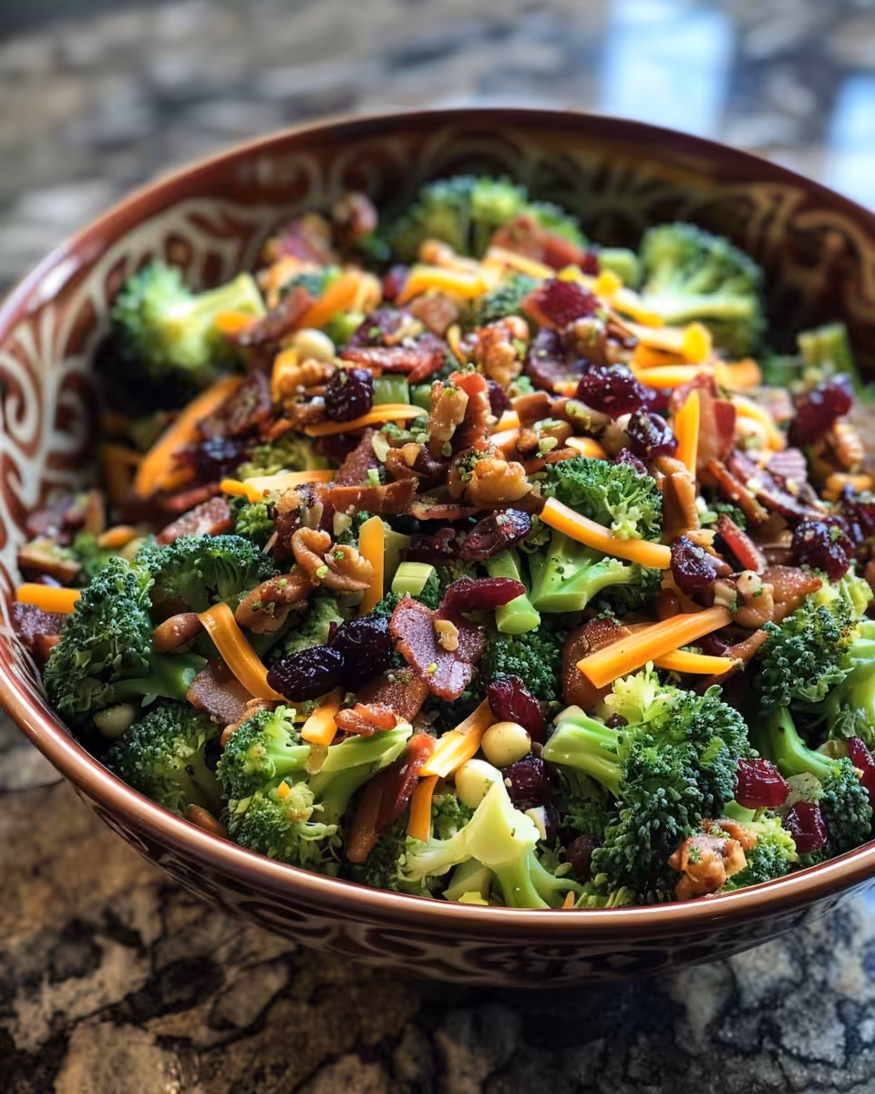 Ingredients for broccoli salad including cranberries, bacon bits, and sunflower seeds