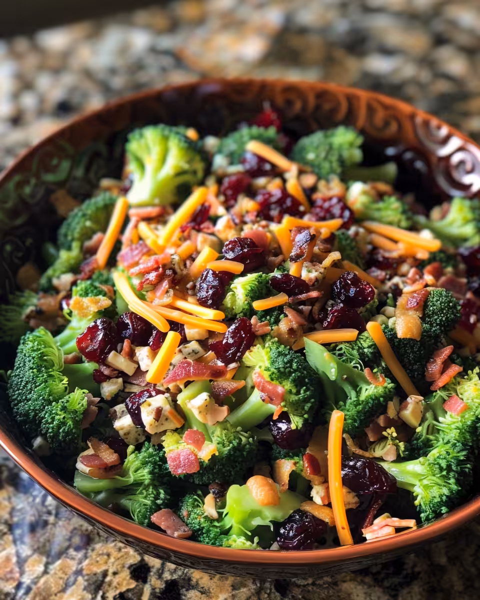 Final broccoli salad tossed and chilled, ready to serve
