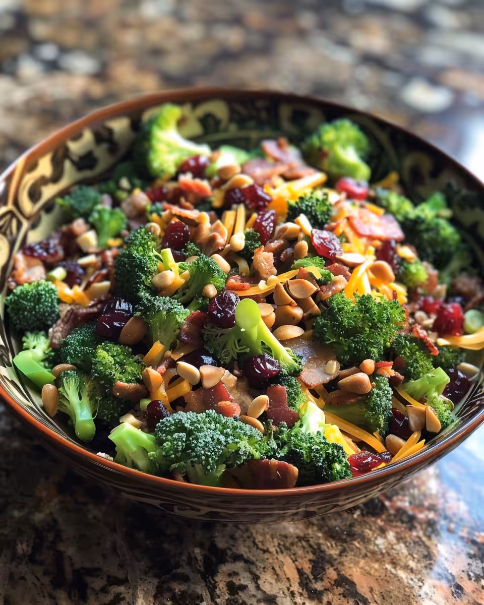Fresh and crunchy pressure cooker broccoli salad with cranberries and bacon bits