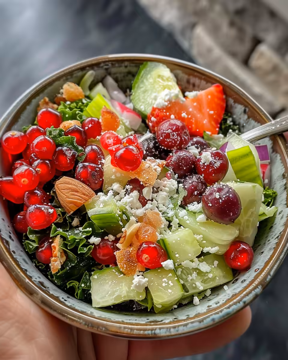 Plated cranberry kale salad with almonds and vinaigrette