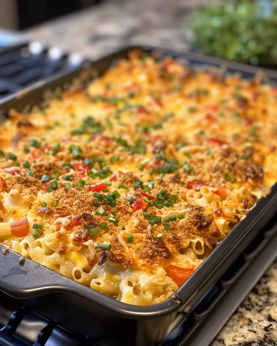 Crispy crumbled bacon pieces cooking in skillet for casserole