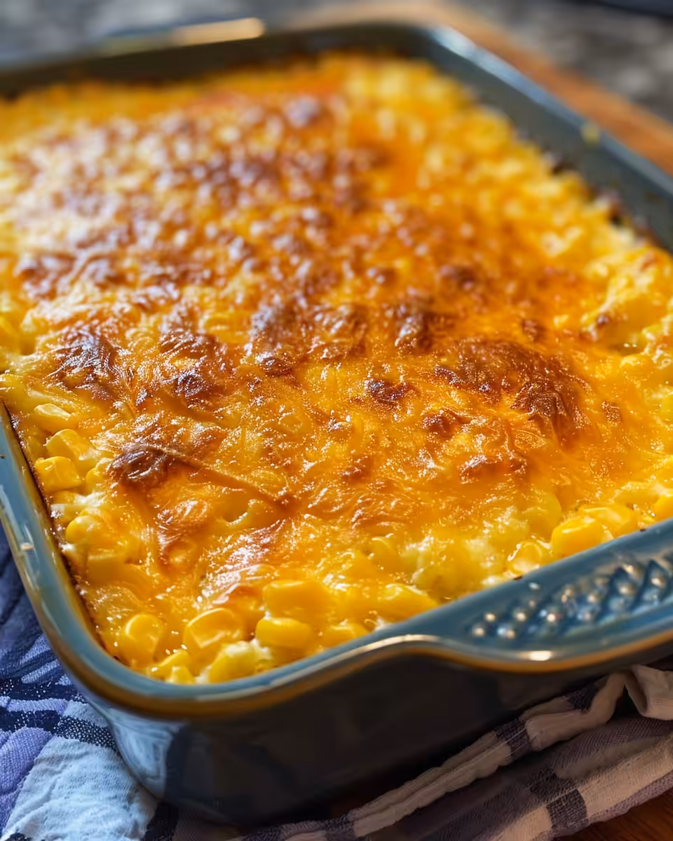 Cream cheese corn casserole baked with cheesy crust and ready to serve