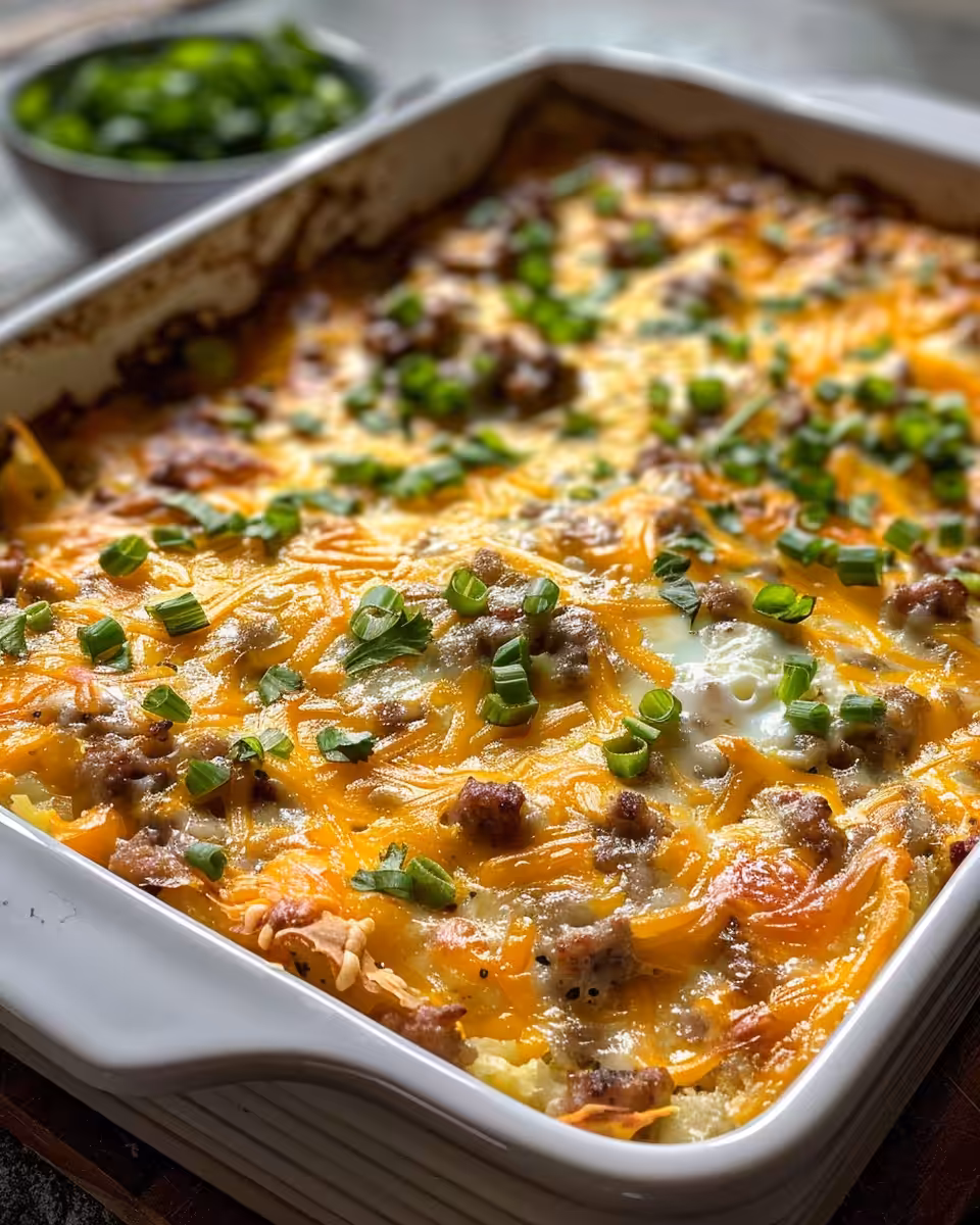 Ingredients mixed in bowl for cream cheese sausage egg hashbrown casserole