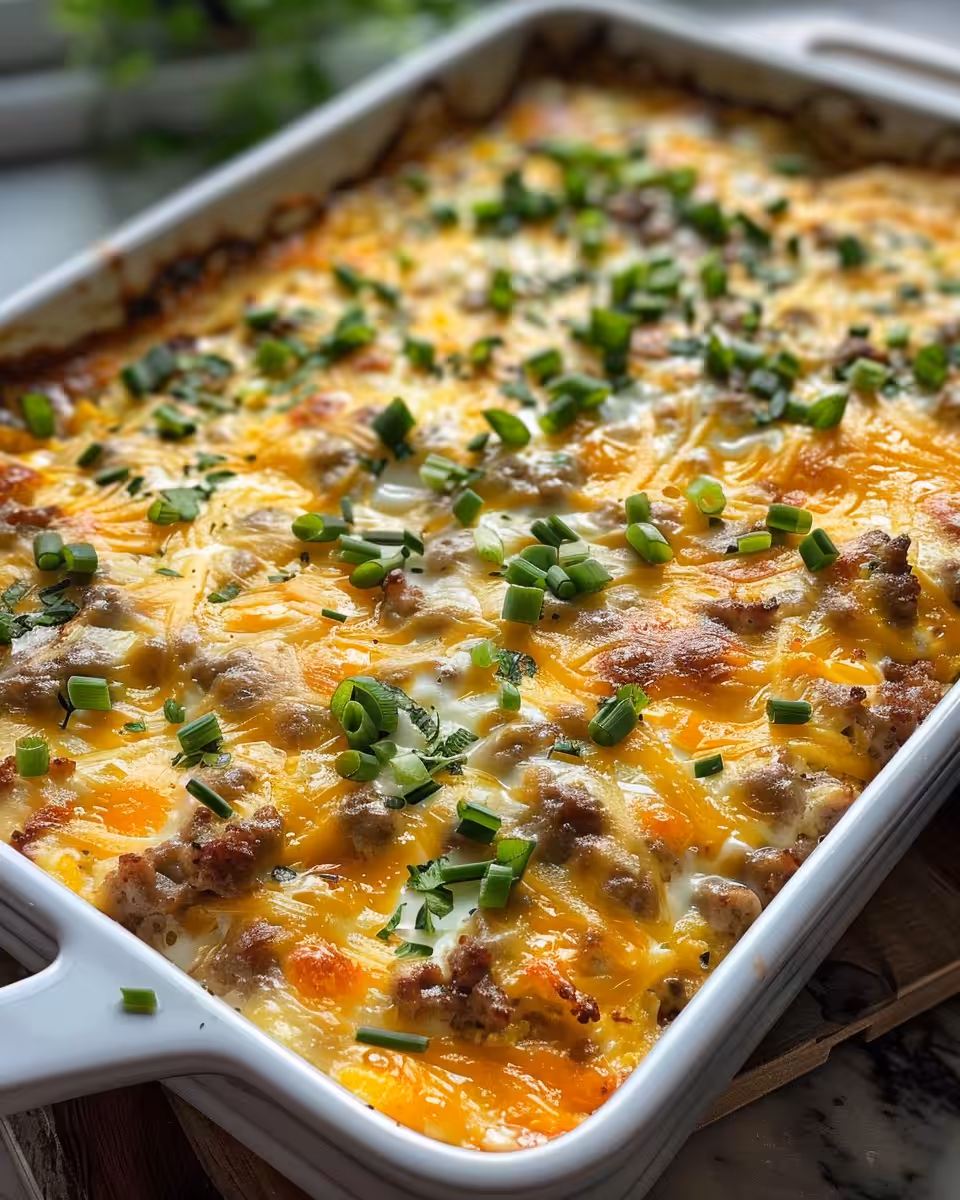 Finished golden cream cheese sausage egg hashbrown casserole serving ready to eat