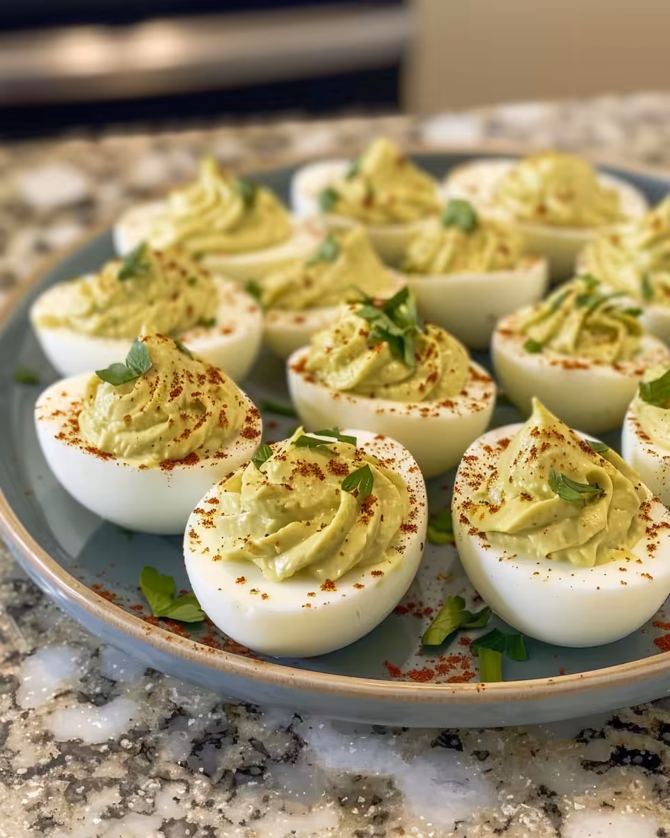 Ingredients for avocado deviled eggs mixed in a bowl