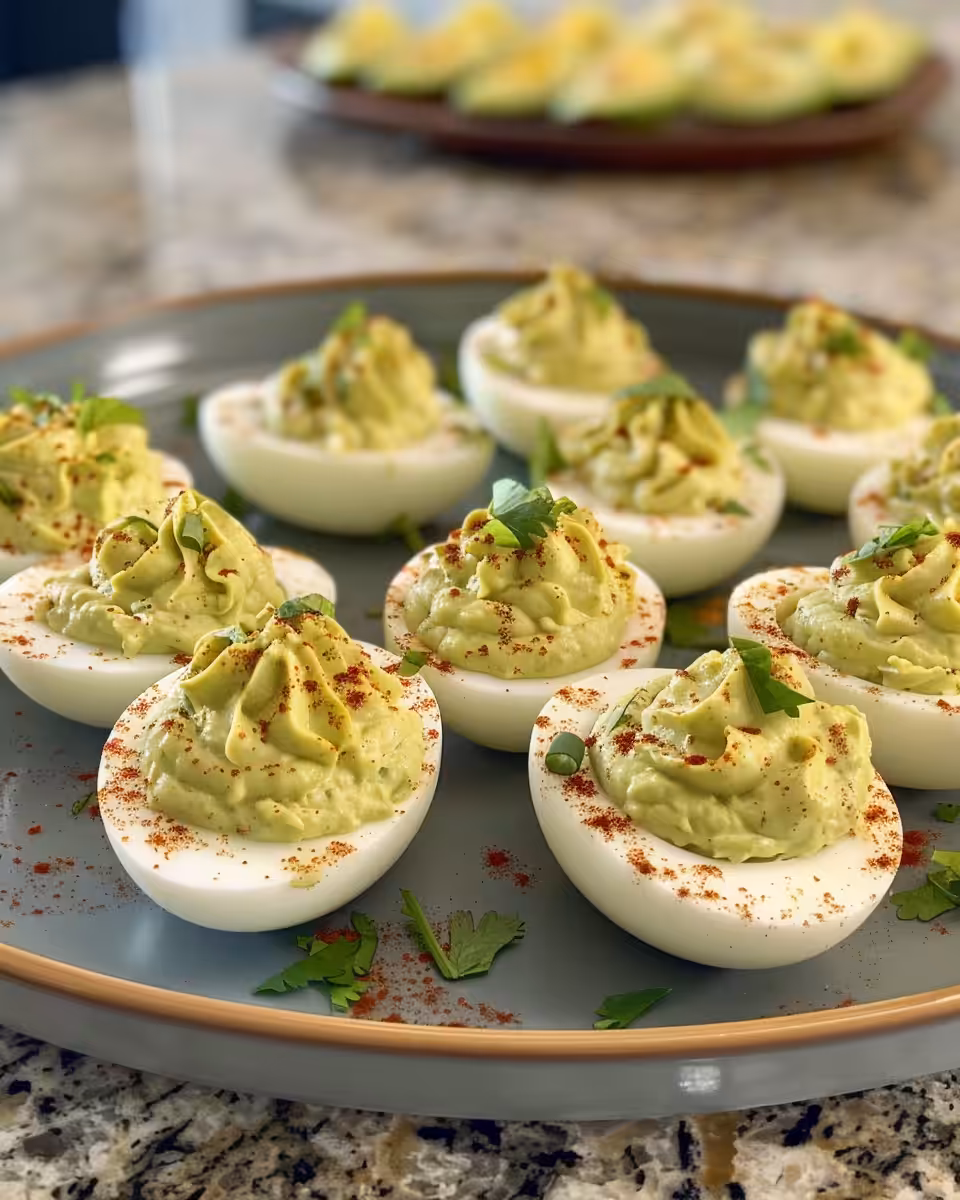 Finished avocado deviled eggs garnished with fresh cilantro