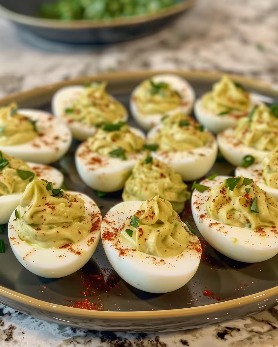 Close-up of creamy avocado deviled eggs freshly prepared