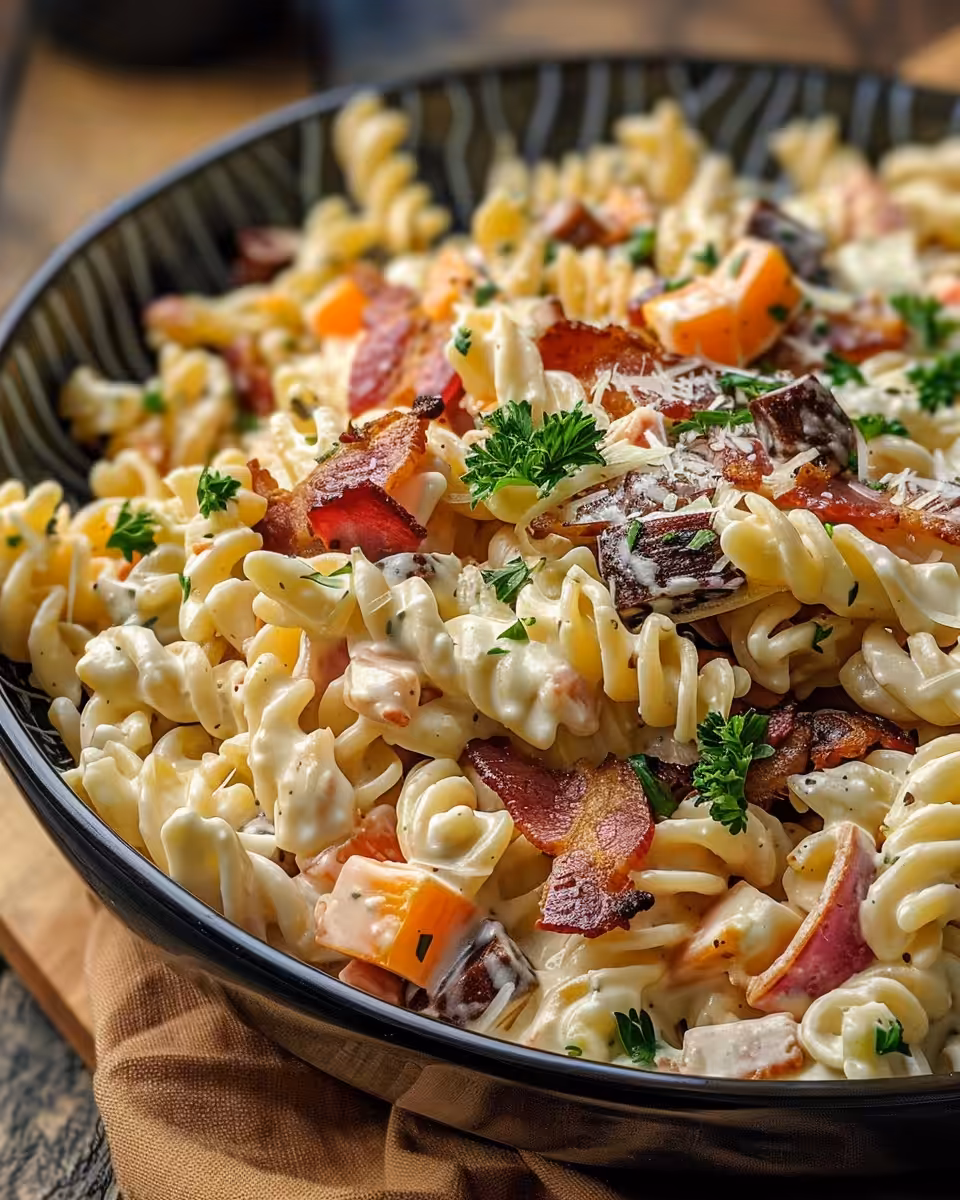 Ingredients including bacon, ranch, cheese and fresh veggies for creamy pasta salad