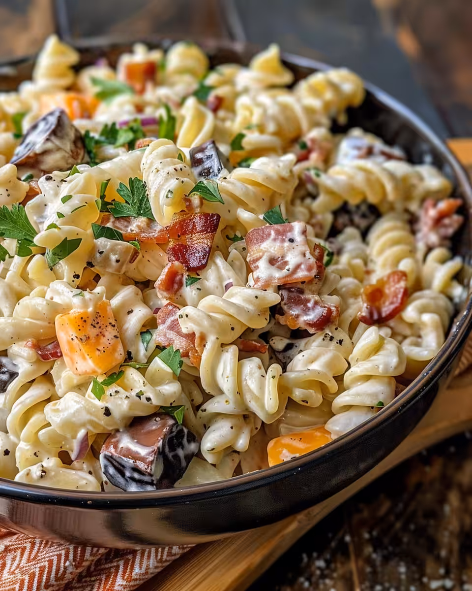 Final served creamy bacon ranch pasta salad garnished and ready to serve