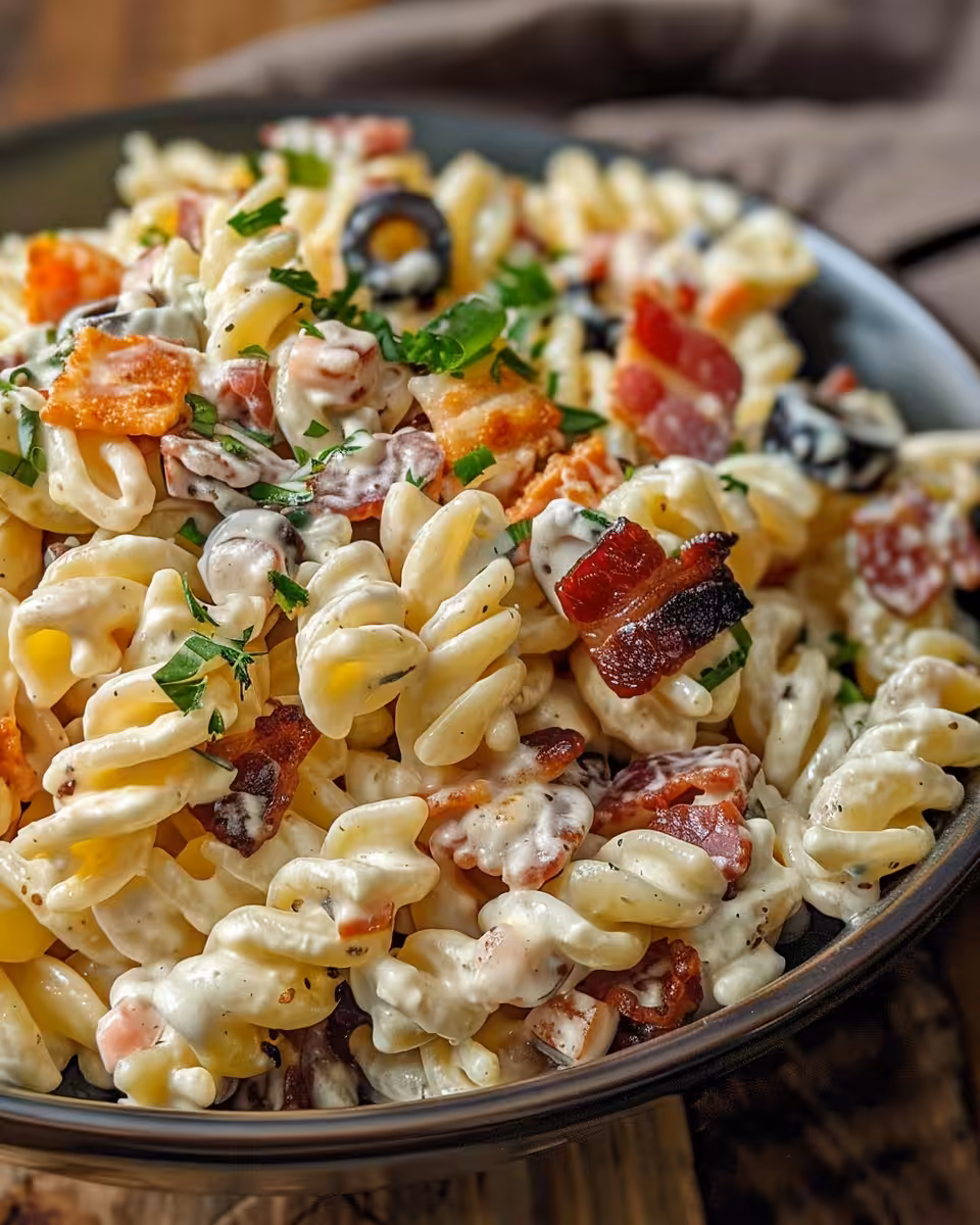 Creamy bacon cheddar ranch pasta salad freshly prepared in bowl