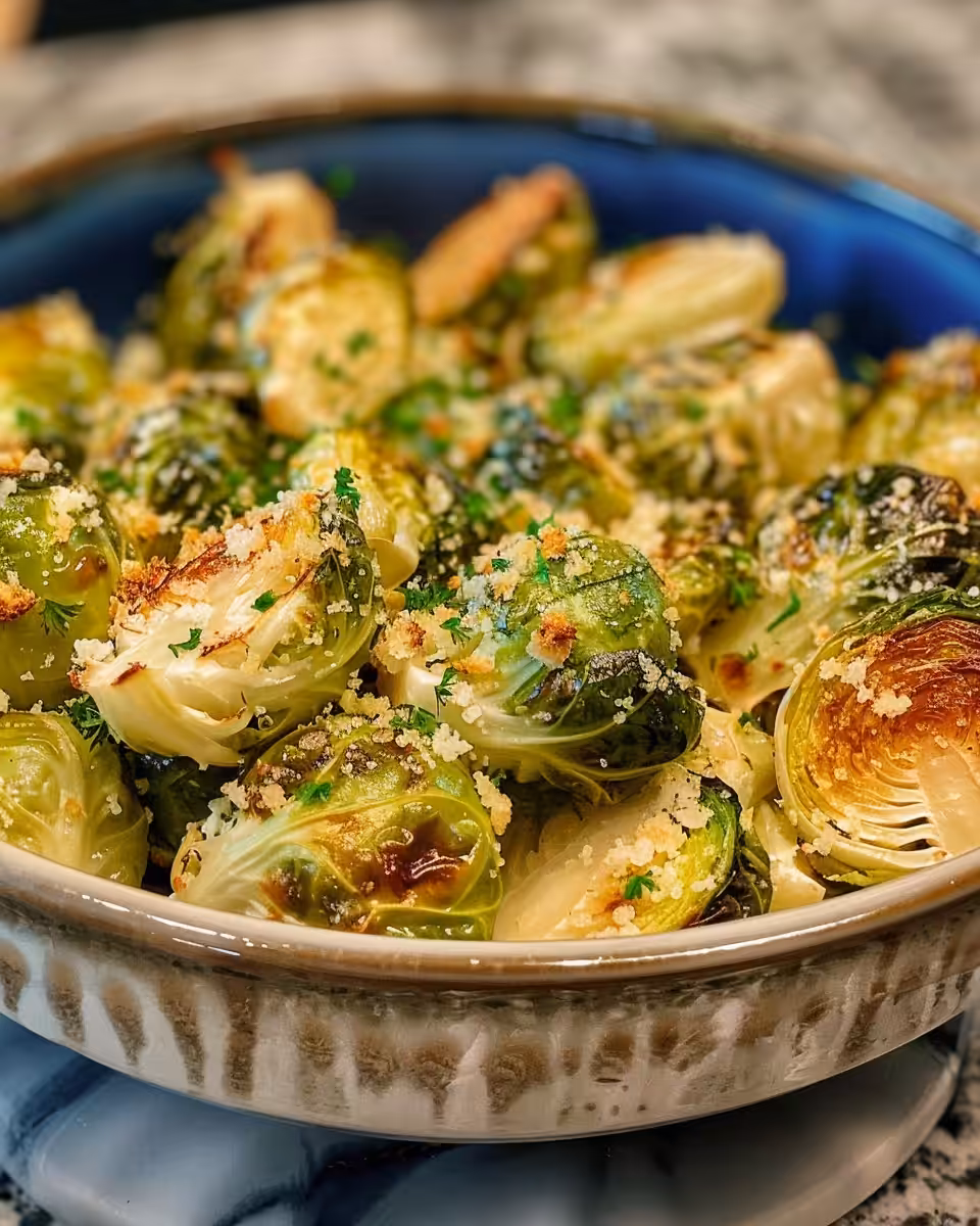 Ingredients including Brussels sprouts, cheeses, cream, and garlic for cheesy casserole