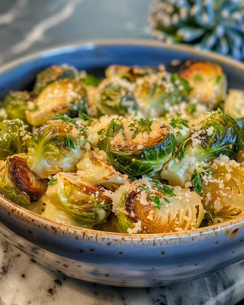 Close-up of creamy baked Brussels sprouts casserole with melted cheese top