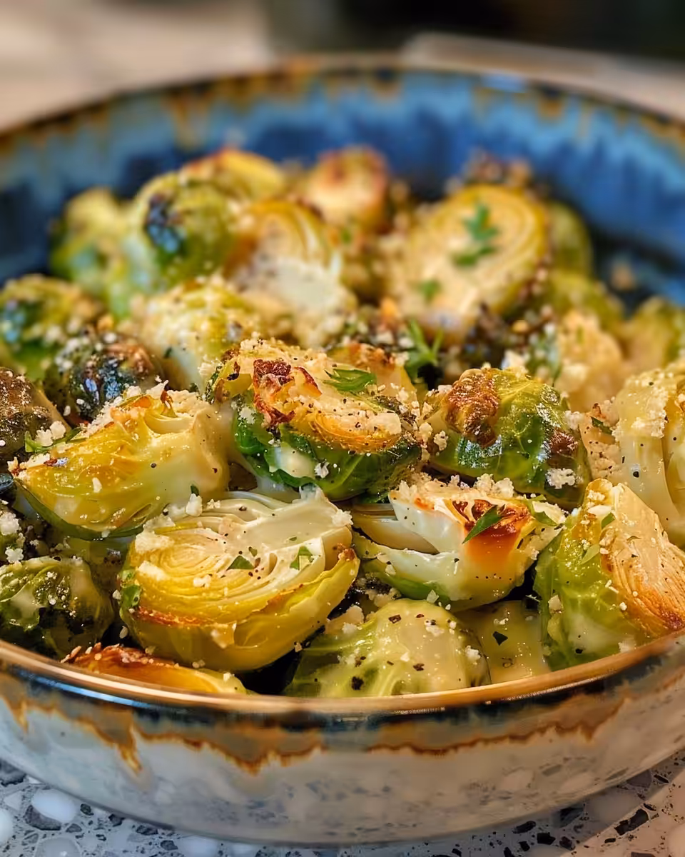 Steam rising from creamy baked Brussels sprouts dish fresh from the pressure cooker