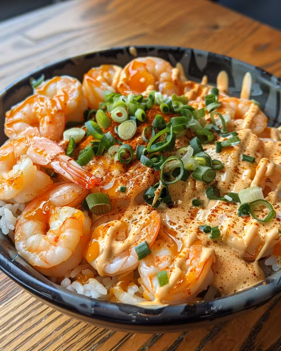 Finished creamy bang bang shrimp bowl served with lime and avocado