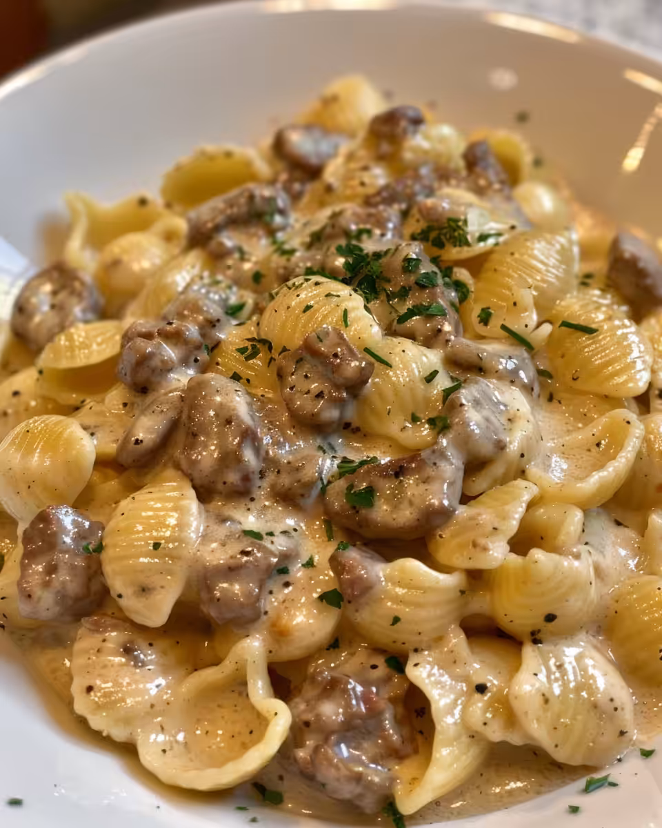 Key ingredients for creamy beef and medium pasta shells including ground beef, garlic, and cheese