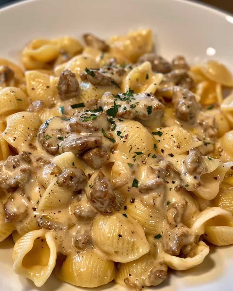 Final creamy beef and pasta shells dish served hot in a bowl