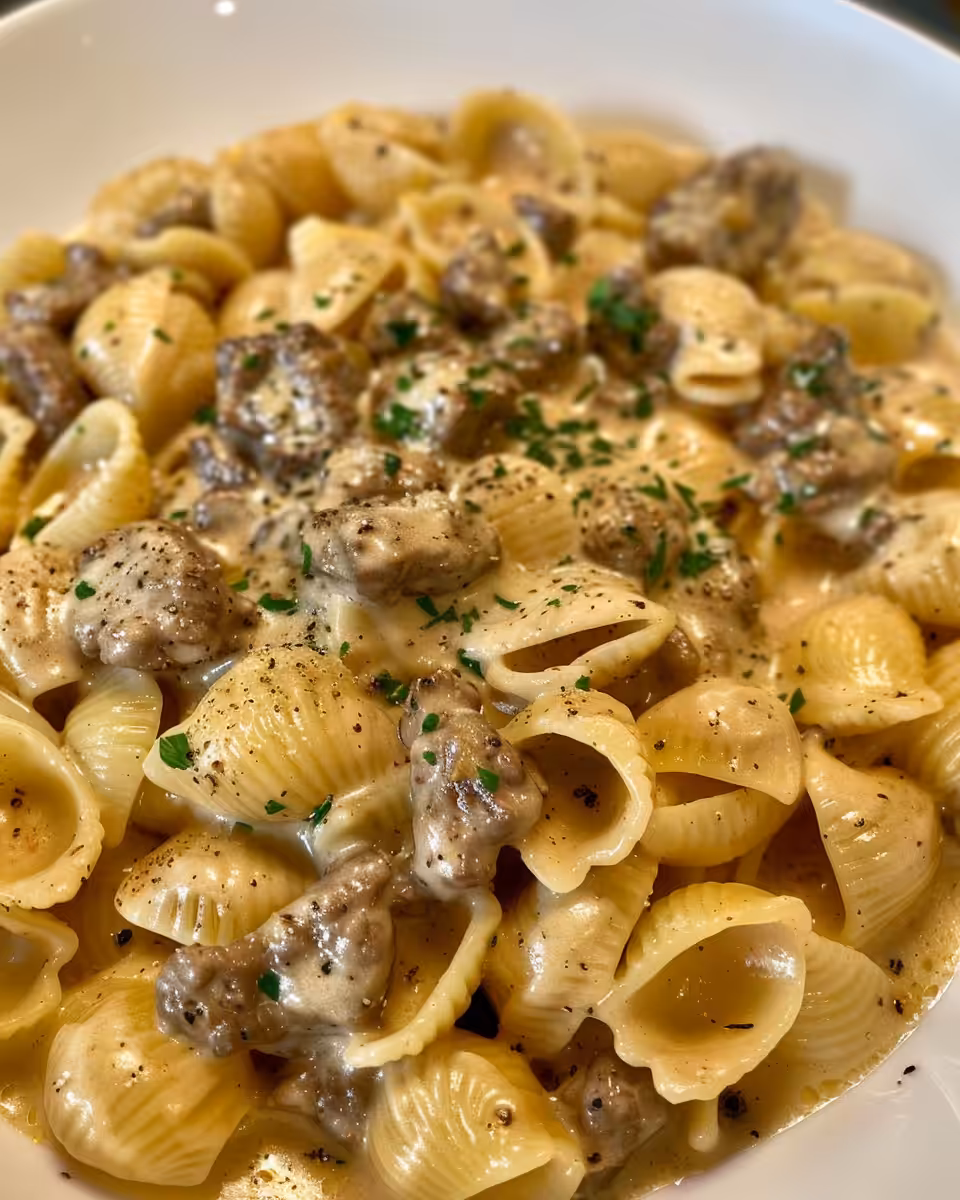 Creamy beef and pasta shells in a hearty comfort food dish