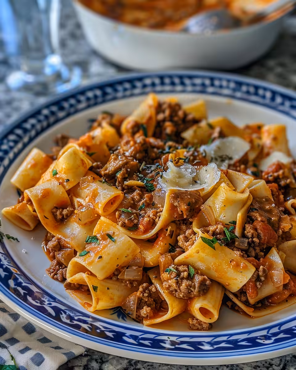 Finished creamy beef and shells pasta with melted cheddar cheese on top in the pot