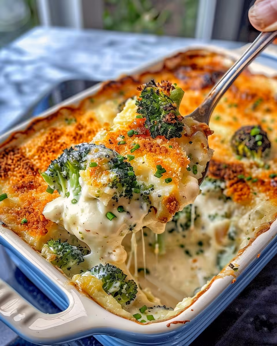 Ingredients for creamy broccoli cheese casserole mixed in a bowl