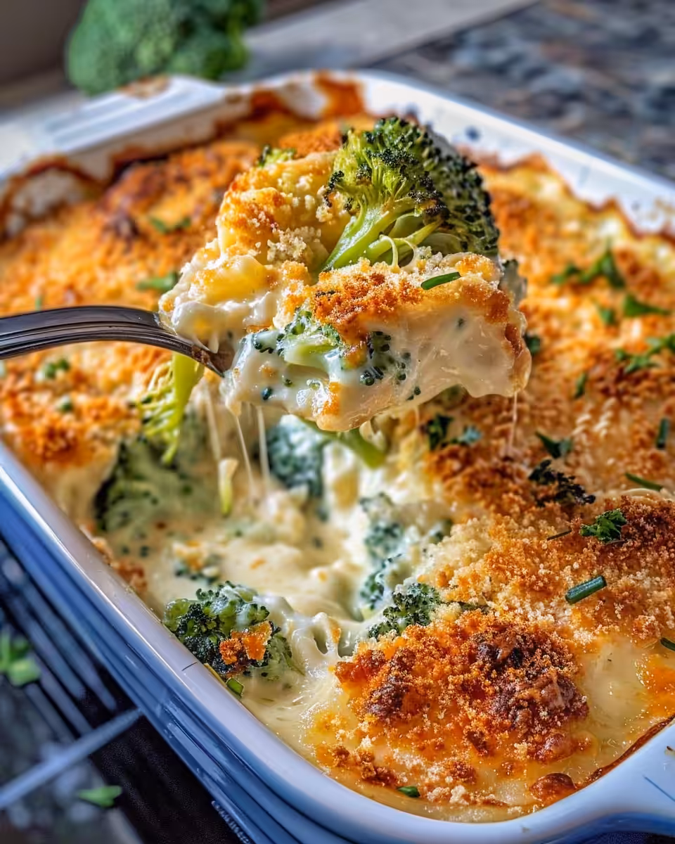 Served creamy broccoli cheese casserole ready to eat garnished