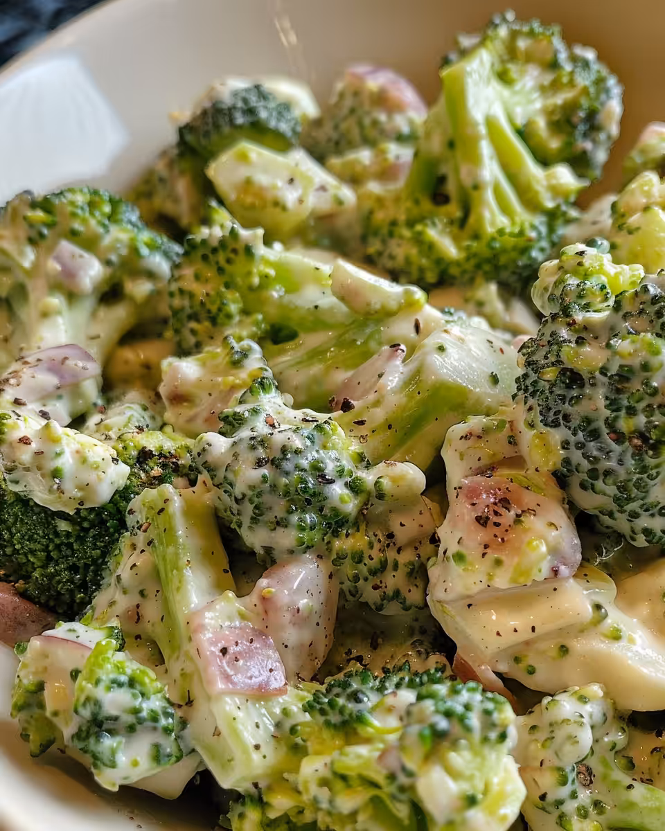 Plated broccoli salad showing fresh and tangy flavors