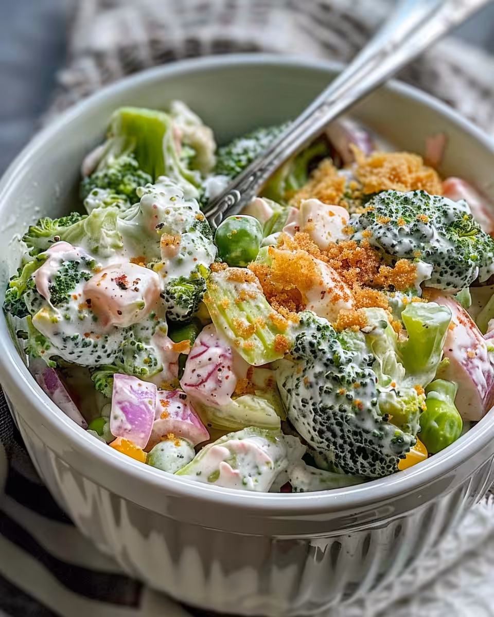 Fresh broccoli salad ingredients including bacon, raisins, and red onion