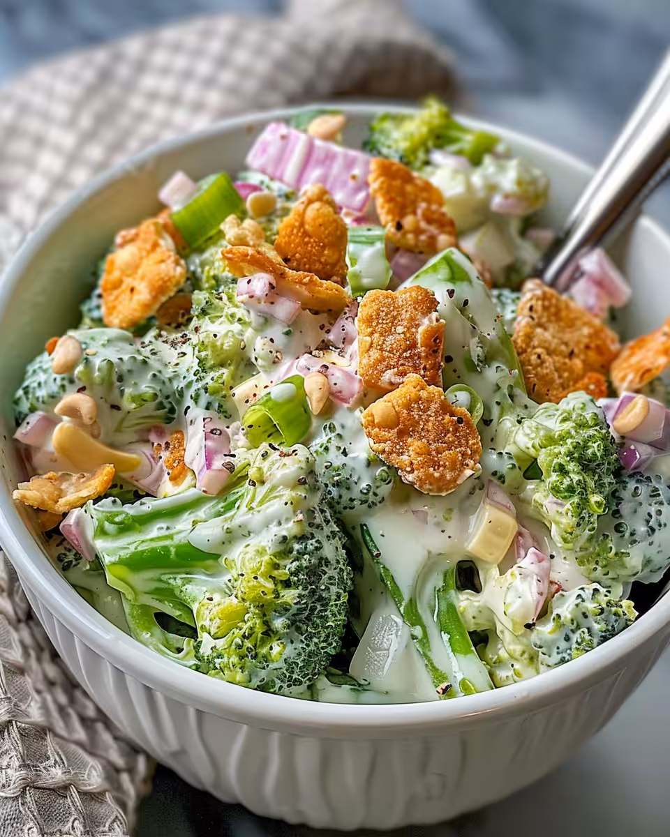 Finished creamy broccoli salad served in a bowl garnished with bacon and sunflower kernels