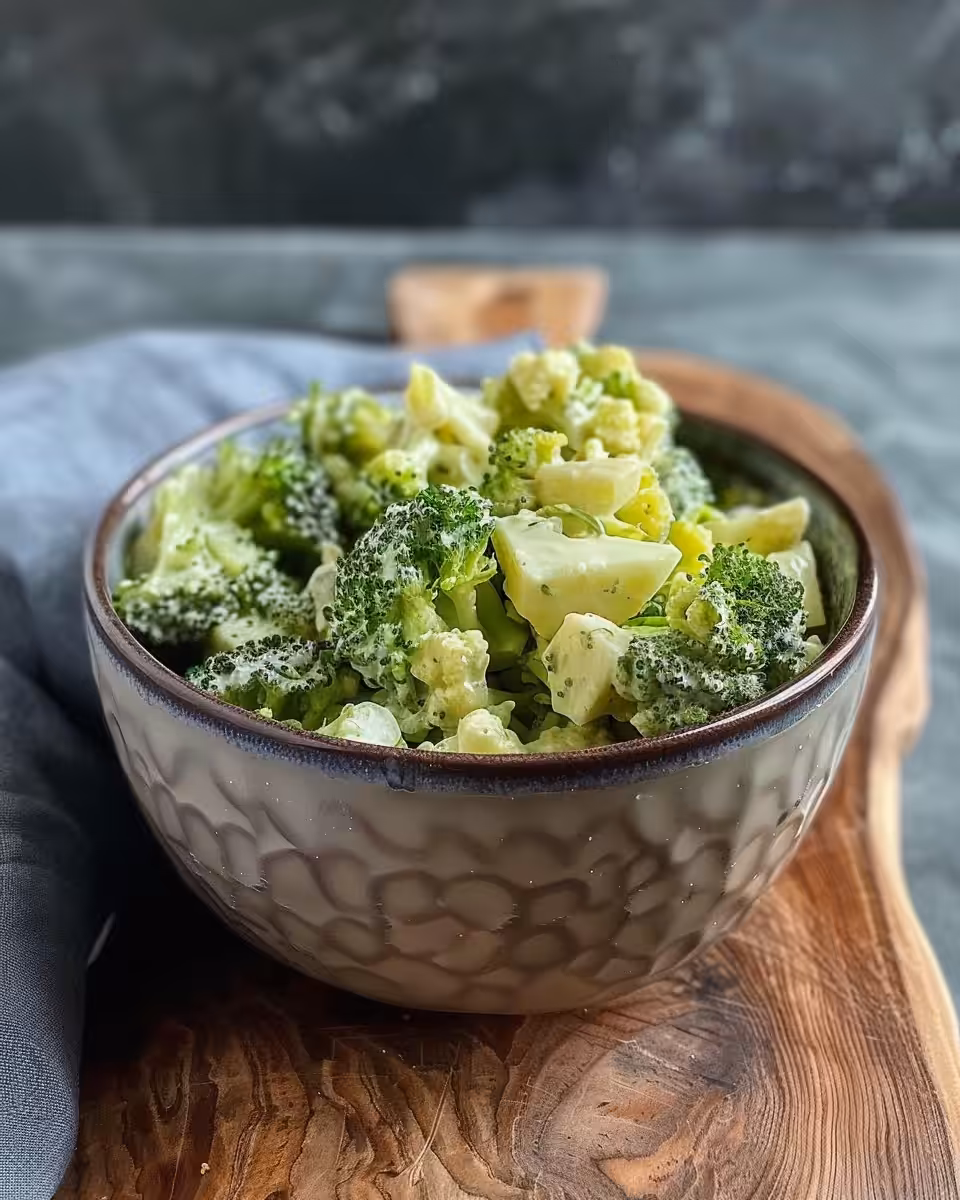 Close-up of creamy broccoli salad with crisp broccoli and bacon