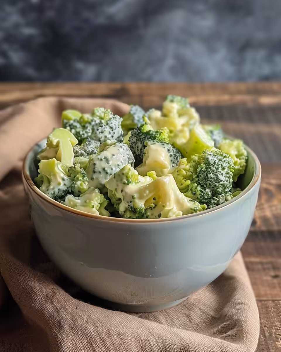 Ingredients for creamy broccoli salad including broccoli, bacon, and dressing ingredients