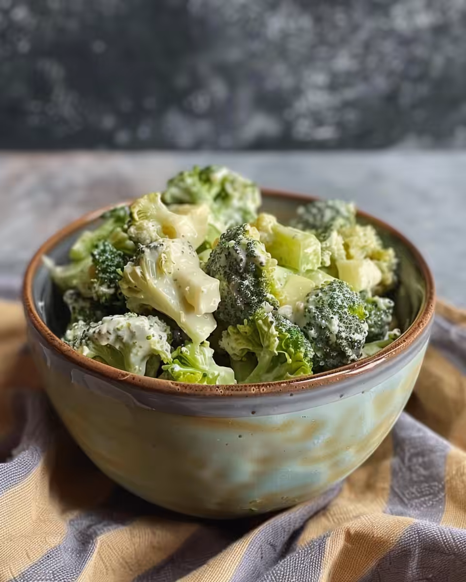 Final creamy broccoli salad served chilled and garnished