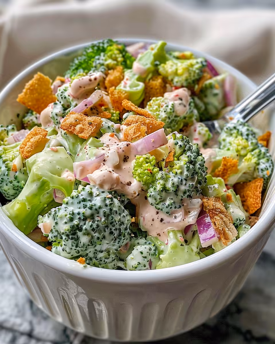 Creamy broccoli salad in a bowl with bacon and raisins
