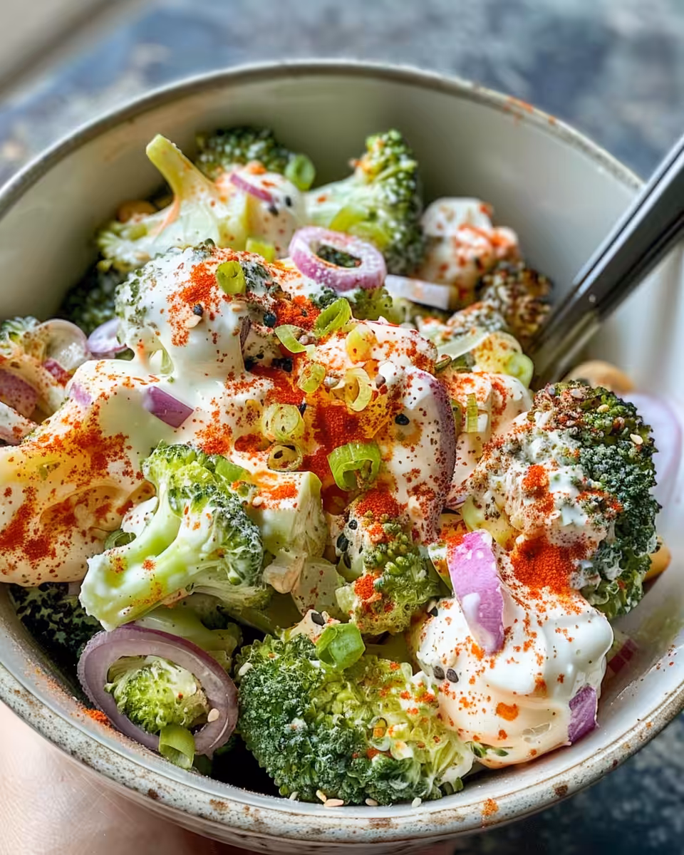 Final creamy broccoli salad served in bowl with bacon and almonds topped
