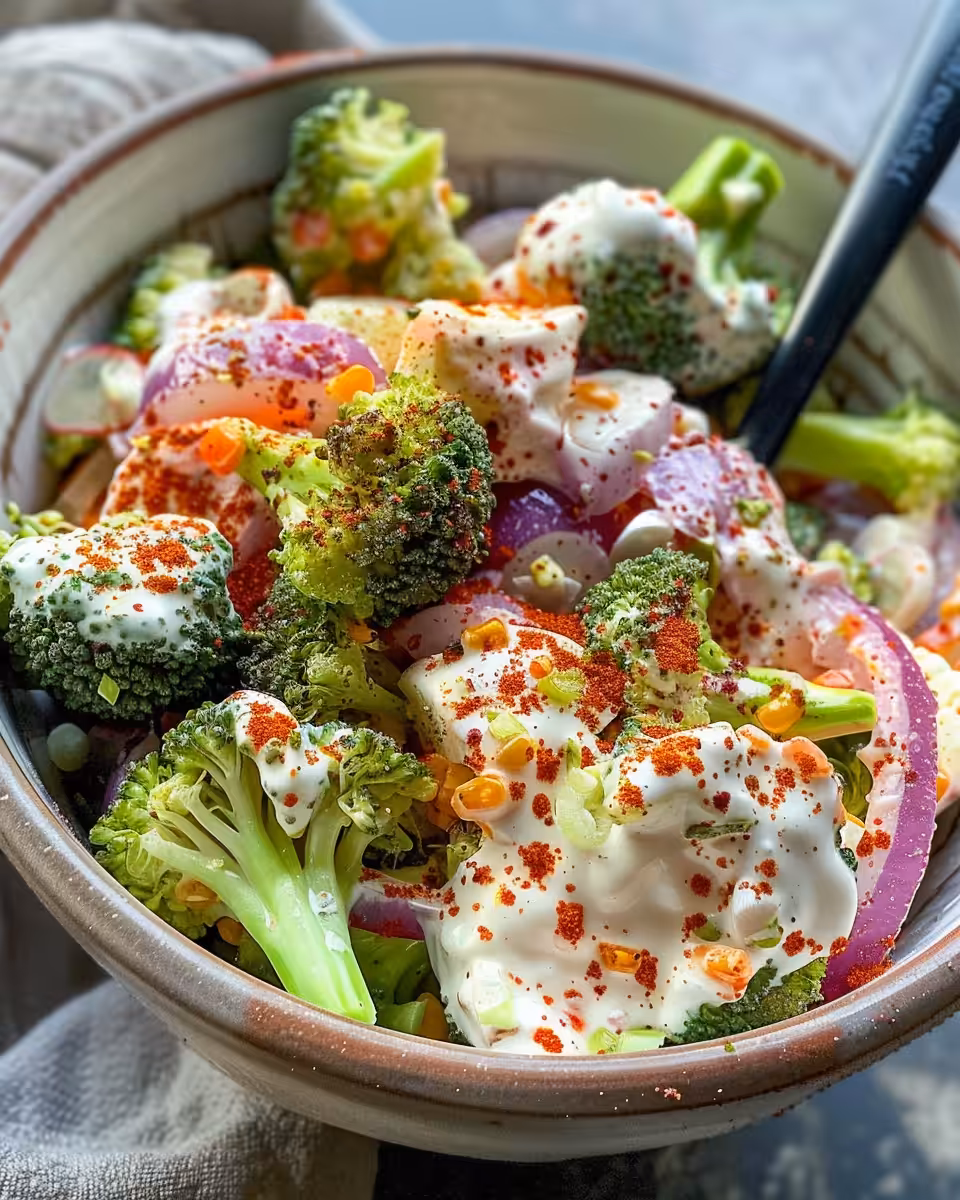 Creamy broccoli salad with Greek yogurt dressing fresh and vibrant in bowl