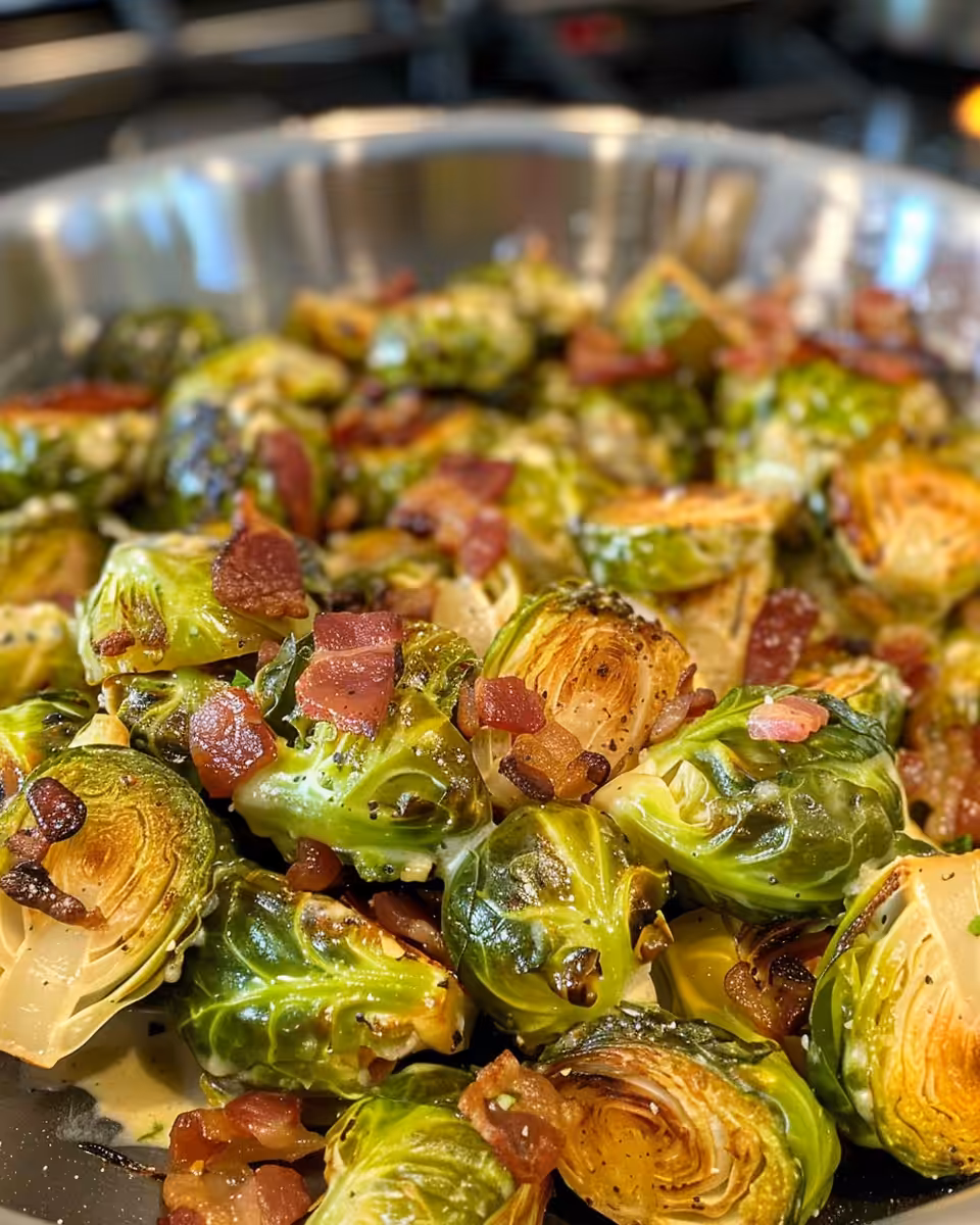 Key ingredients for creamy Brussels sprouts including bacon, butter, garlic, and cream