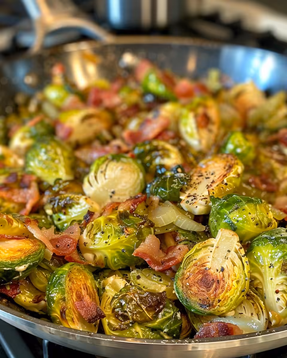 Final creamy Brussels sprouts with bacon and melted cheese ready to serve