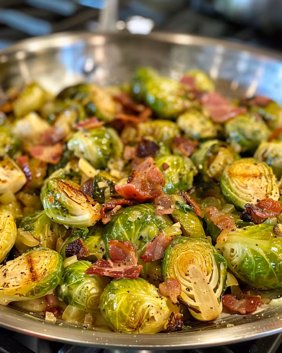 Creamy Brussels sprouts with bacon in a skillet, ready to pressure cook